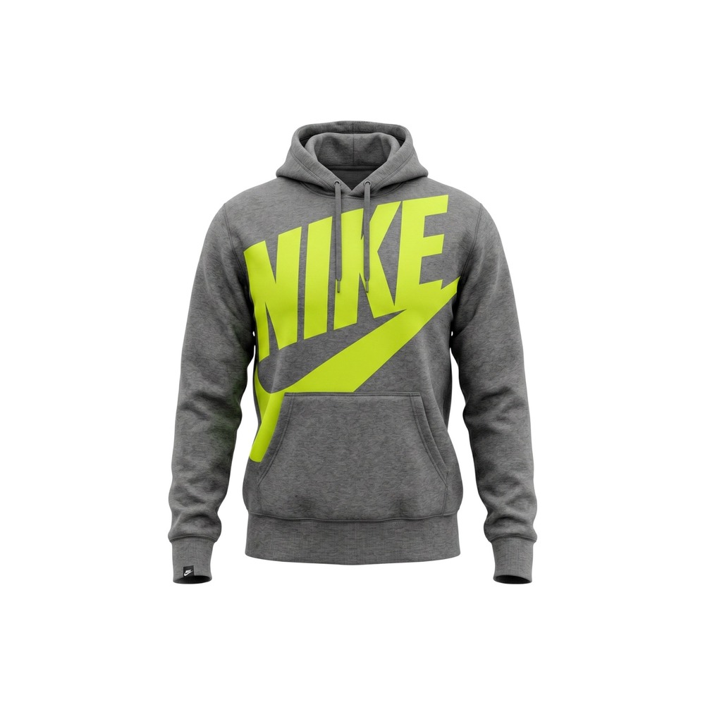Nike Sportswear AW77 Graphic Hoodie Mens M Gray Volt Neon Green Big Swoosh Logo